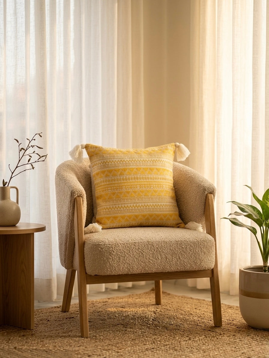 Mustard Geometric Boho Cushion Cover with Tassels