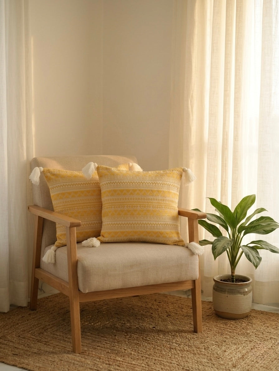 Mustard Geometric Boho Cushion Cover with Tassels