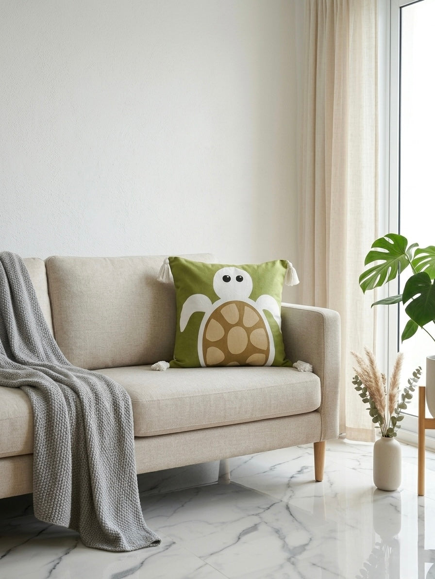 Green Turtle Printed Cushion Cover with Tassels | Kids Decorative Pillow Cover