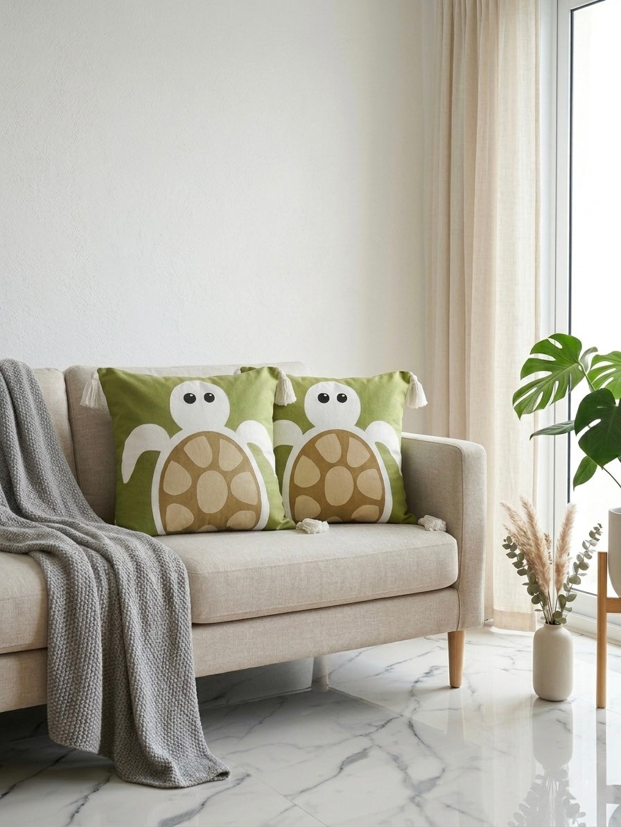 Green Turtle Printed Cushion Cover with Tassels | Kids Decorative Pillow Cover