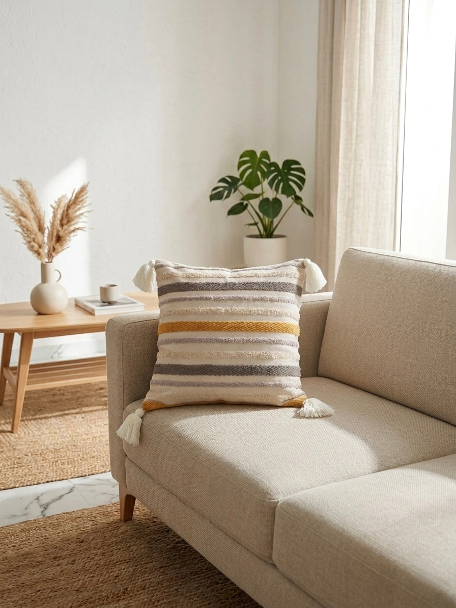 Beige & Mustard Striped Cushion Cover with Tassels