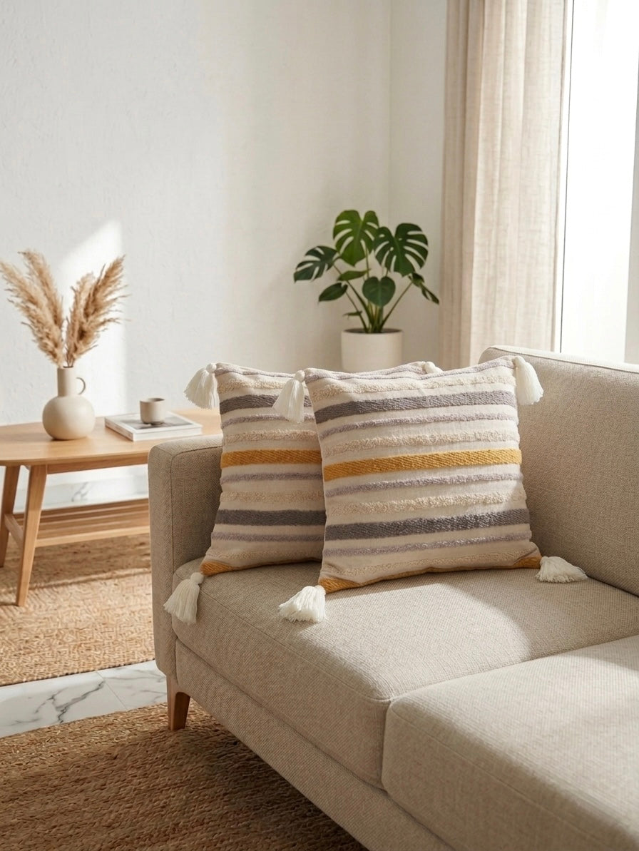 Beige & Mustard Striped Cushion Cover with Tassels