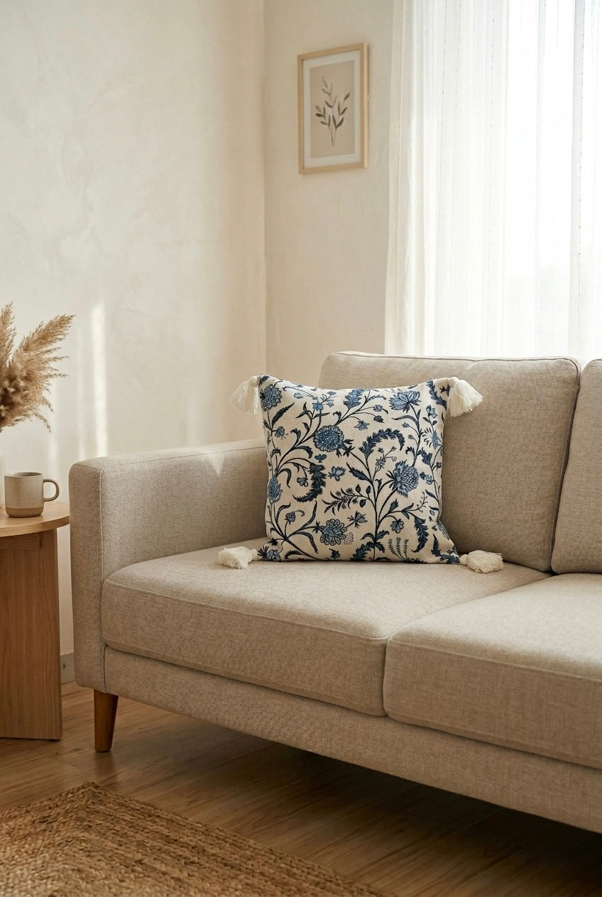 Indigo Blue Floral Cushion Cover with Tassels