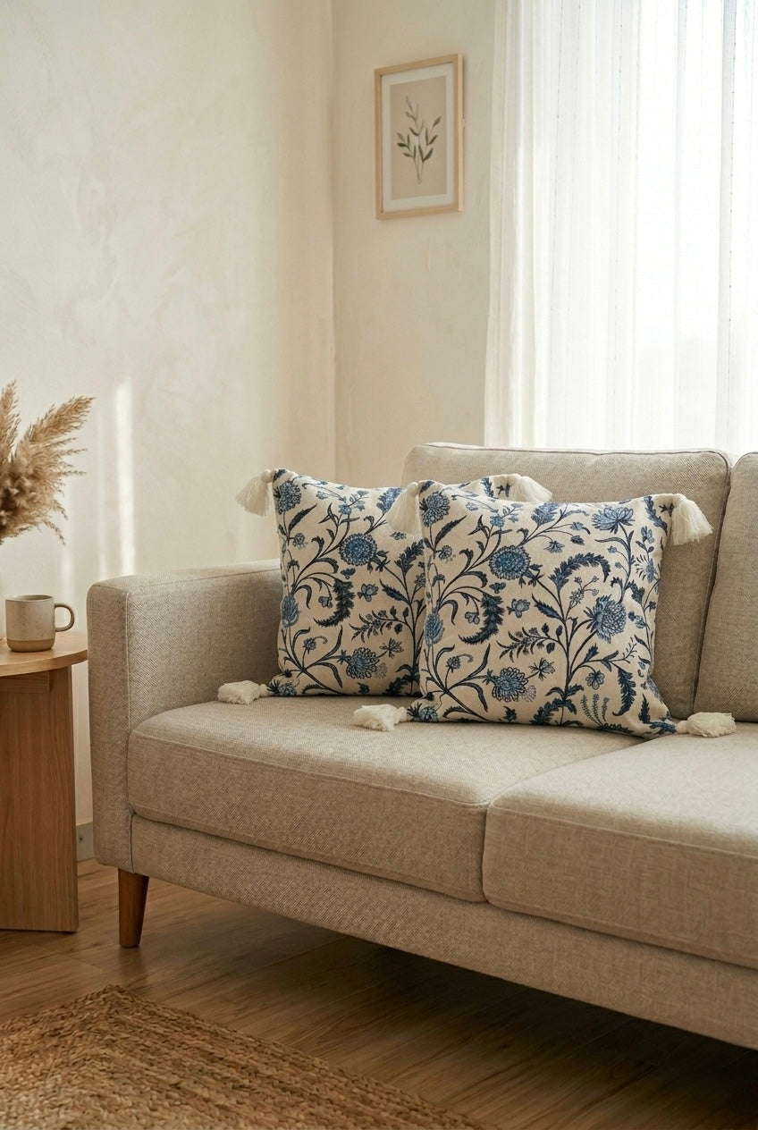 Indigo Blue Floral Cushion Cover with Tassels