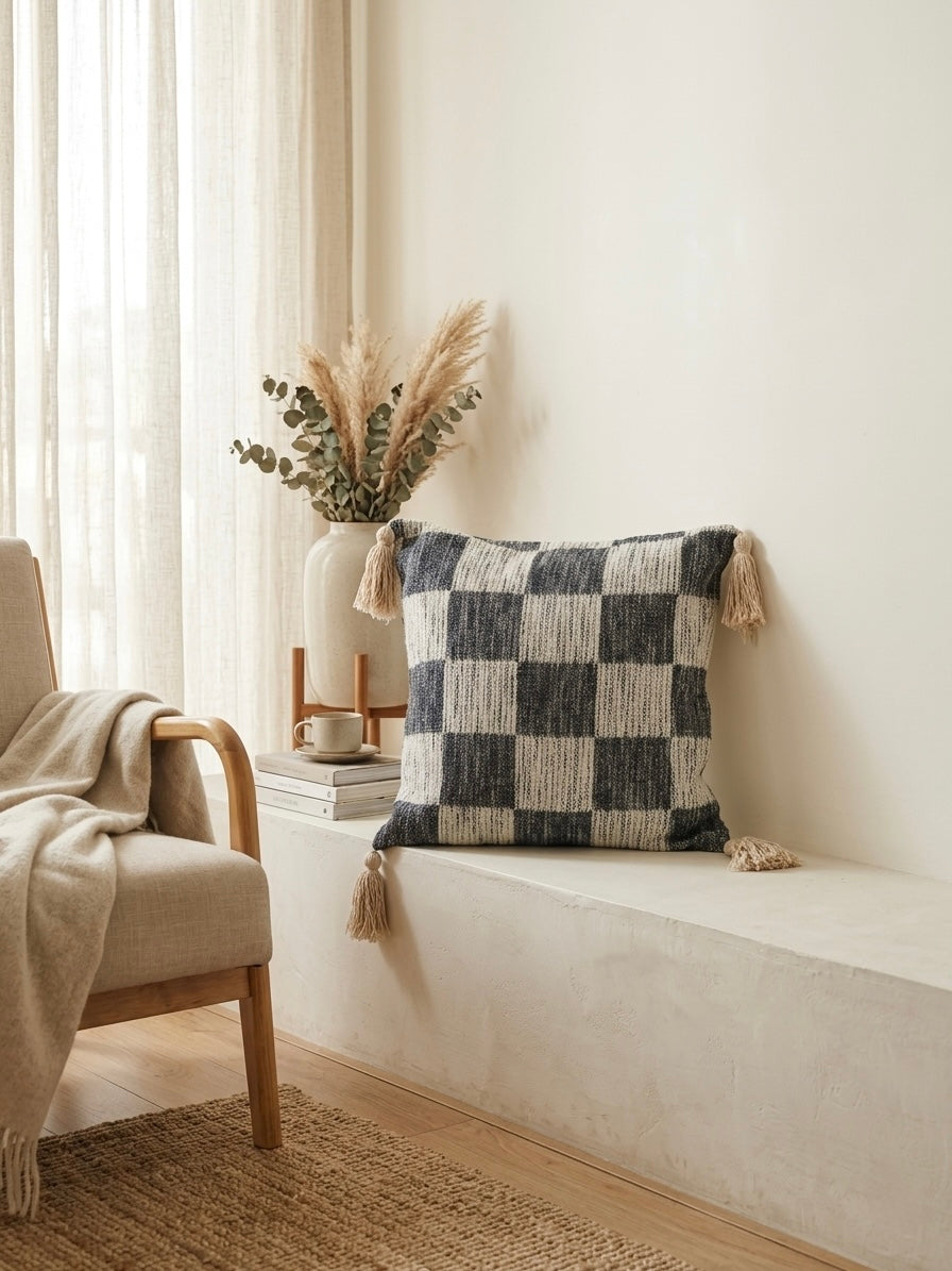 Neutral Checkered Cushion Cover with Tassels