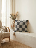 Neutral Checkered Cushion Cover with Tassels