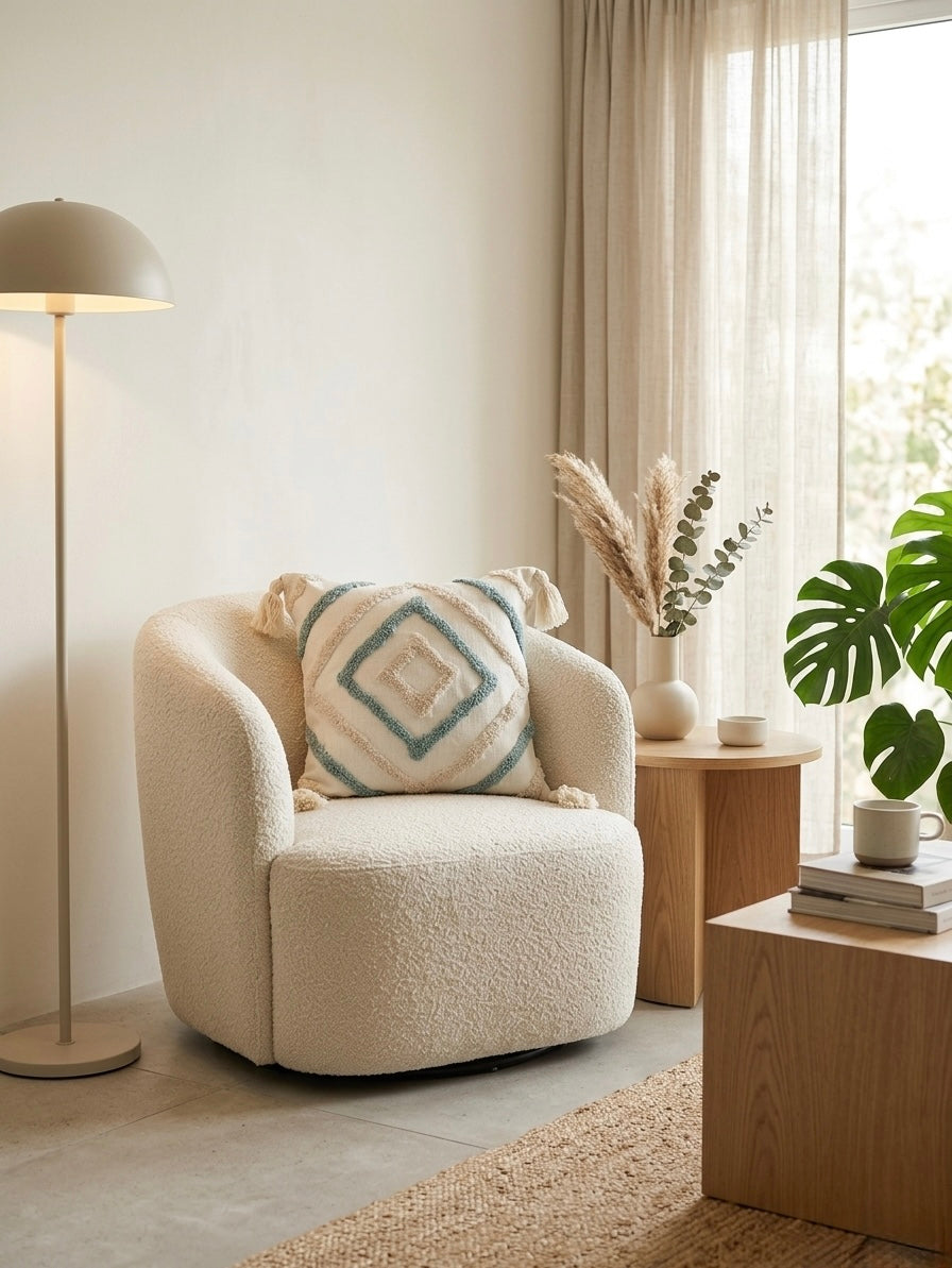 Cream & Blue Tufted Diamond Cushion Cover with Tassels