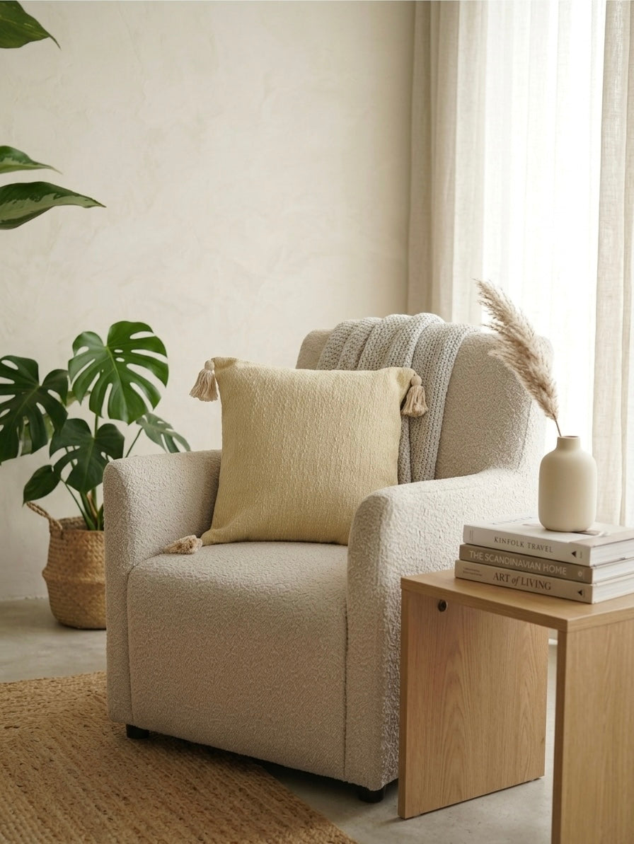 Cream Solid Cushion Cover with Tassels