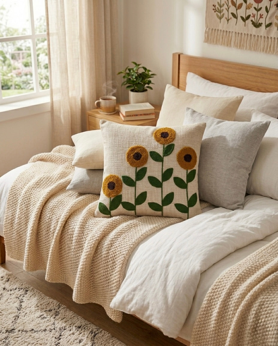 Sunflower Bloom Embroidered Cushion Cover