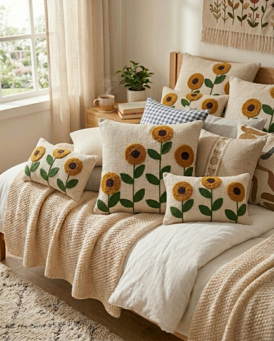 Sunflower Bloom Embroidered Cushion Cover