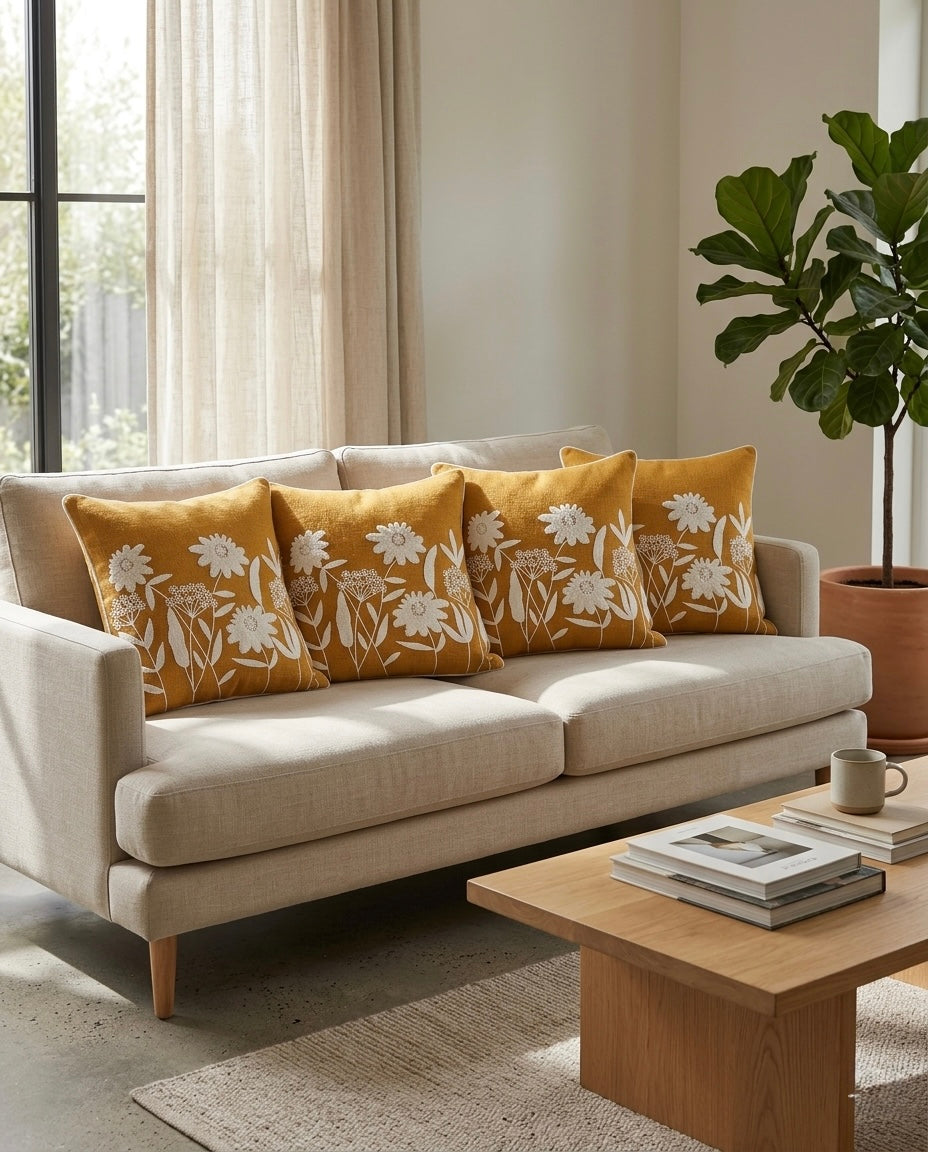 Mustard Meadow Embroidered Cushion Cover