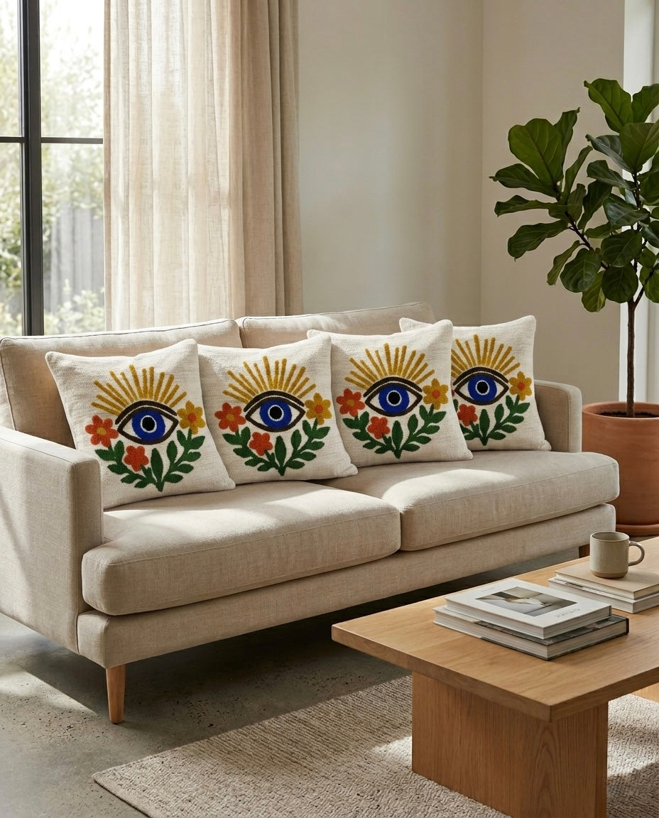 Evil Eye Bloom Embroidered Cushion Cover
