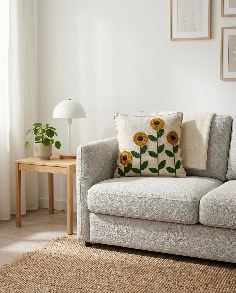 Sunflower Bloom Embroidered Cushion Cover