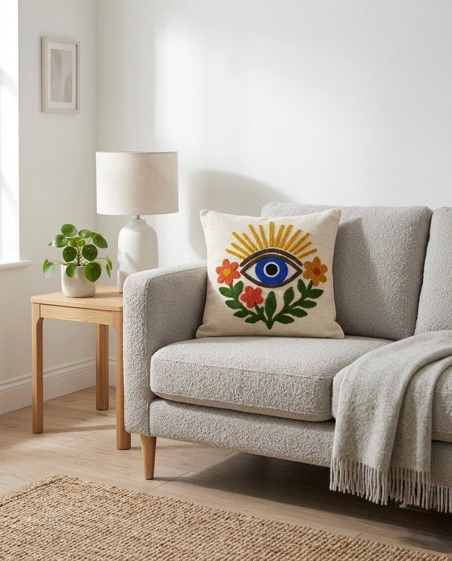 Evil Eye Bloom Embroidered Cushion Cover