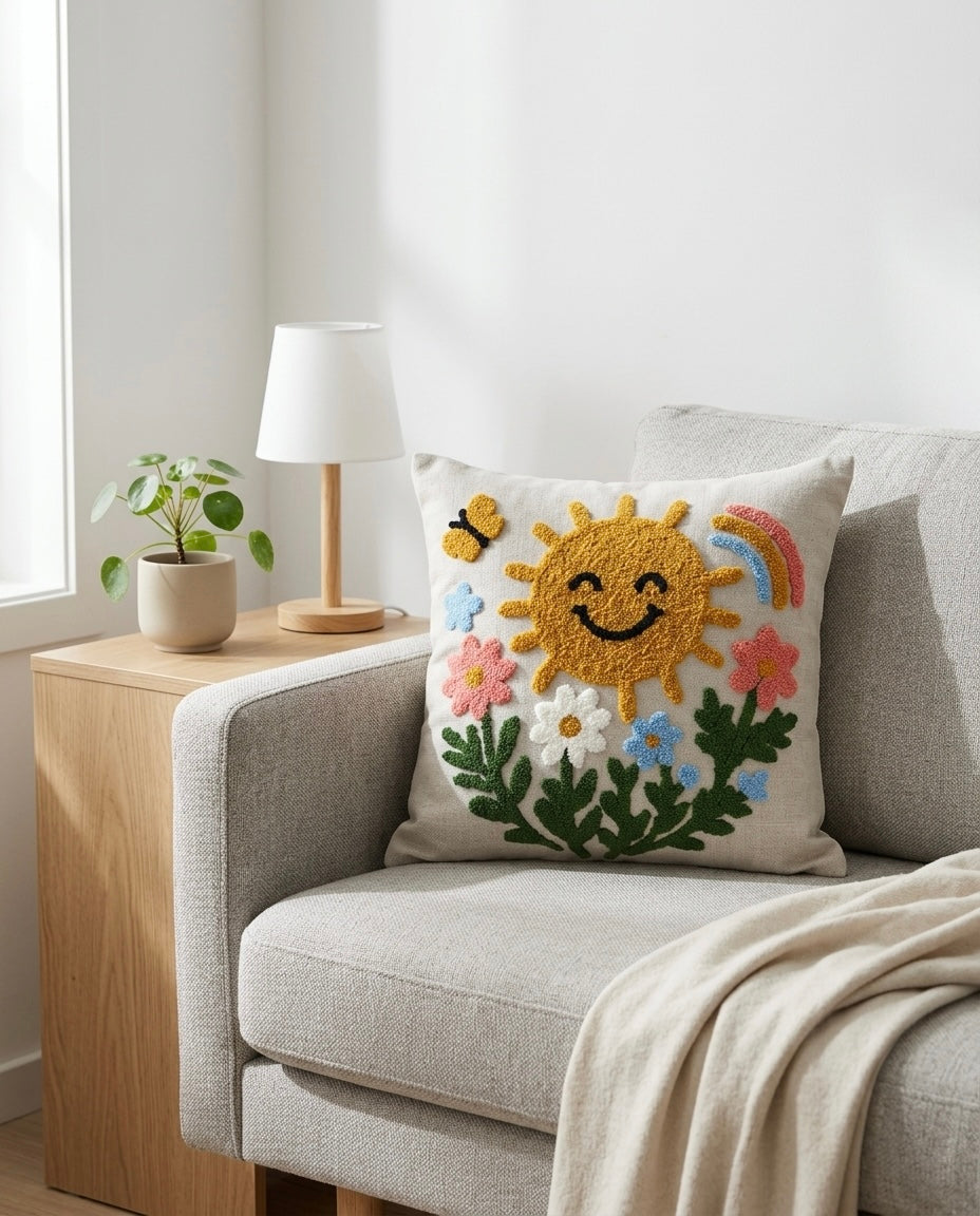 Sunny Bloom Embroidered Cushion Cover.