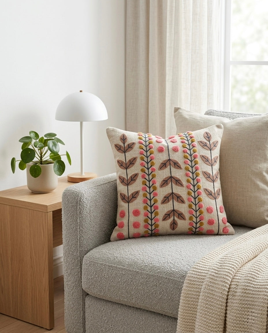 Blush Meadow Embroidered Cushion Cover