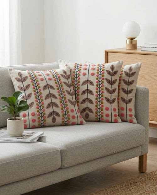 Blush Meadow Embroidered Cushion Cover