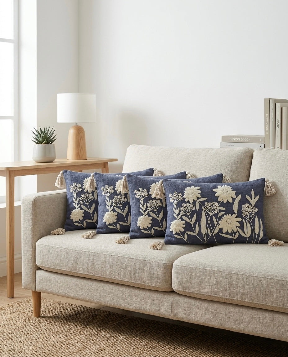 Midnight Bloom Embroidered Cushion Cover