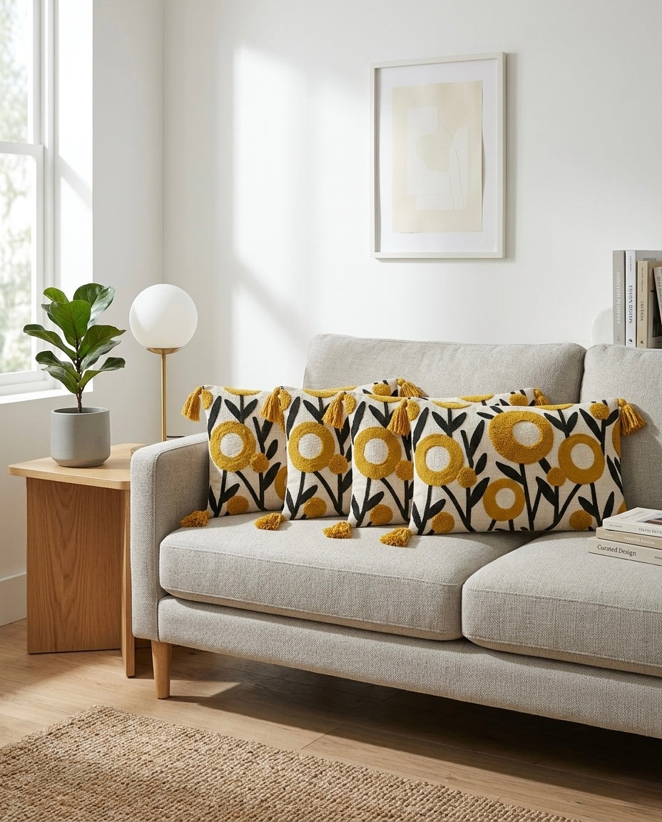 Mustard Bloom Tufted Cushion Cover with Tassels