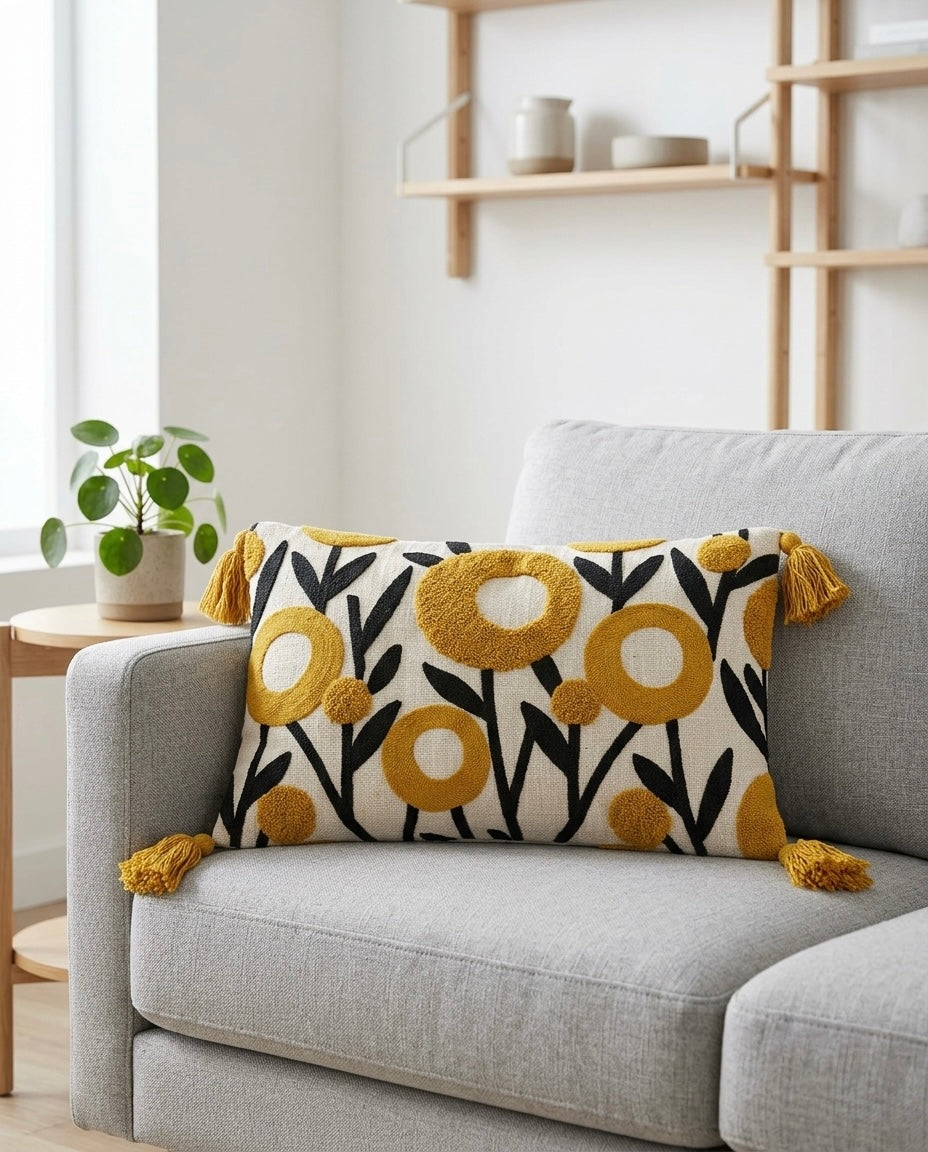 Mustard Bloom Tufted Cushion Cover with Tassels