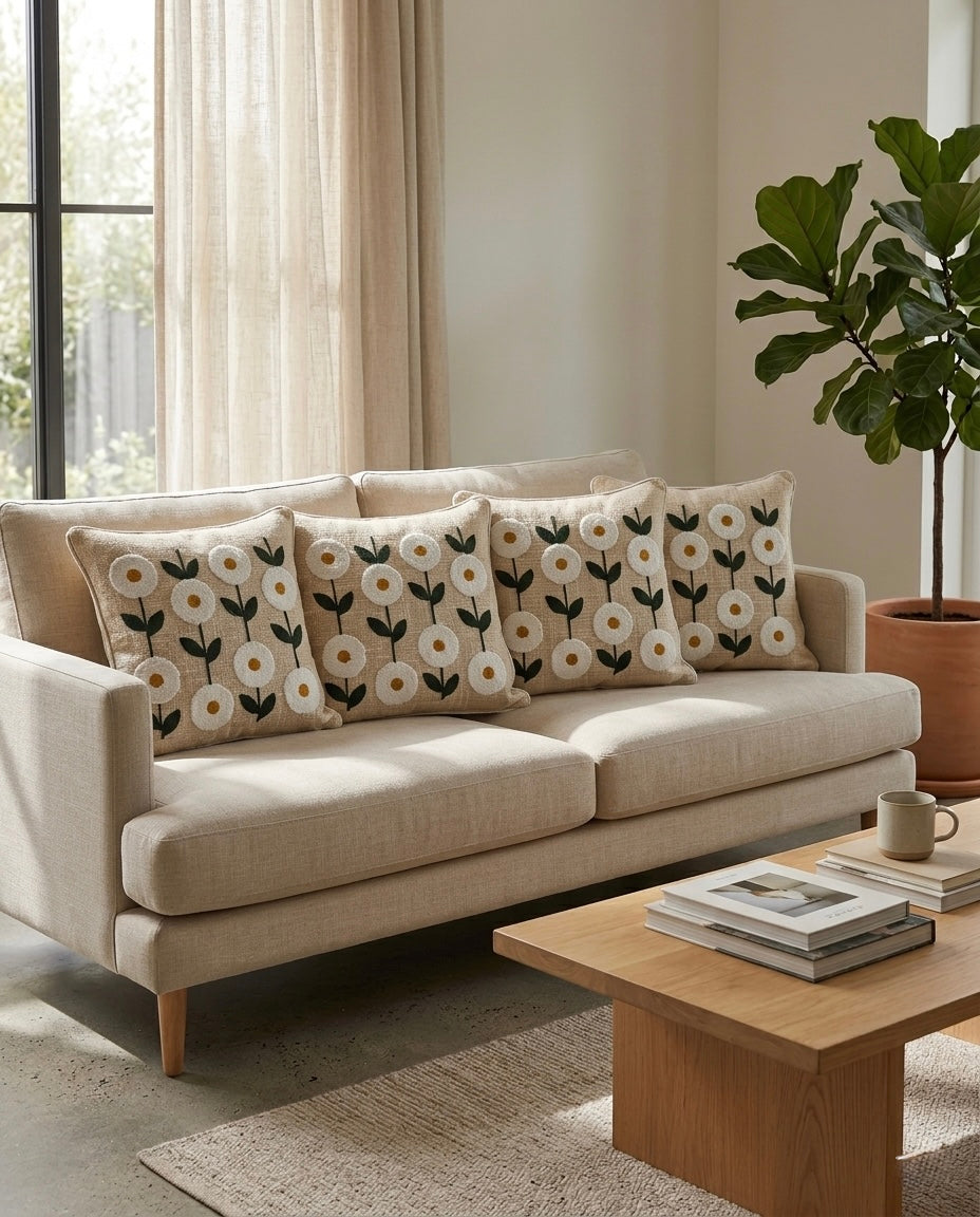 Daisy Bloom Embroidered Cushion Cover