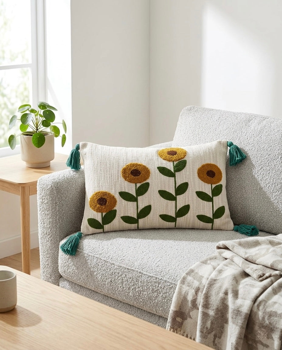 Sunflower Charm Embroidered Cushion Cover