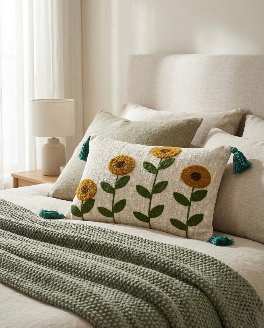 Sunflower Charm Embroidered Cushion Cover