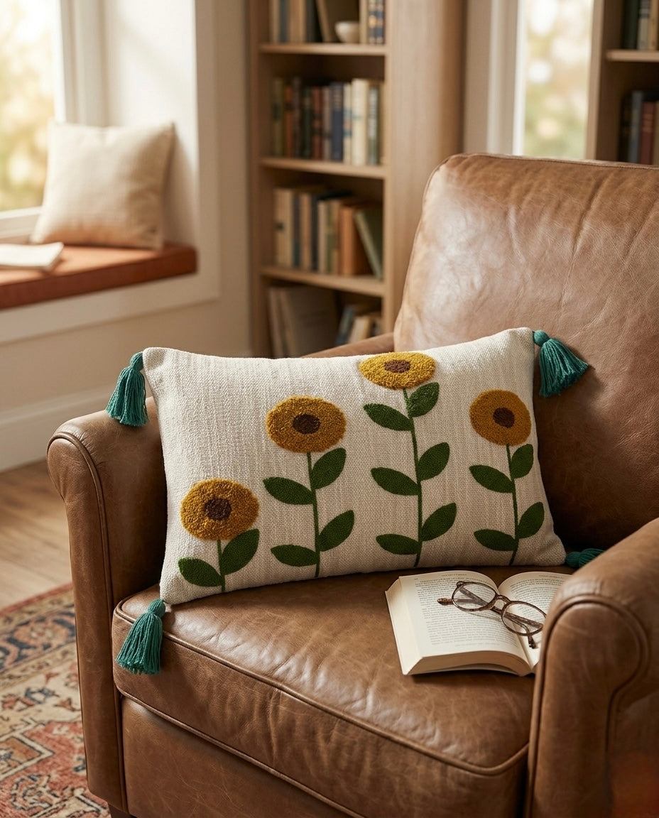 Sunflower Charm Embroidered Cushion Cover