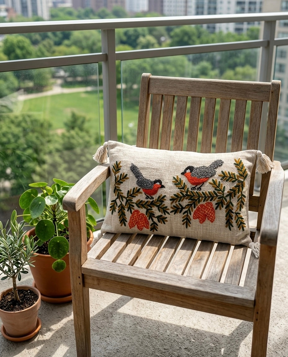 Rustic Bird Embroidered Cushion Cover