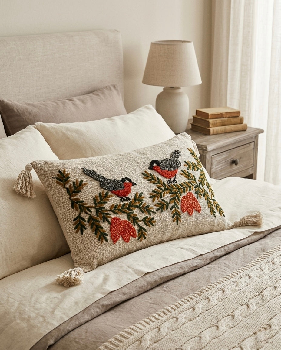 Rustic Bird Embroidered Cushion Cover