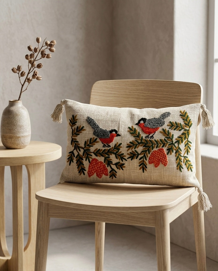 Rustic Bird Embroidered Cushion Cover