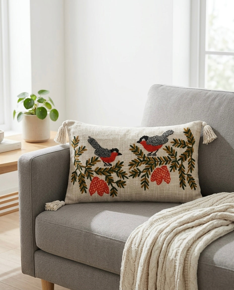 Rustic Bird Embroidered Cushion Cover