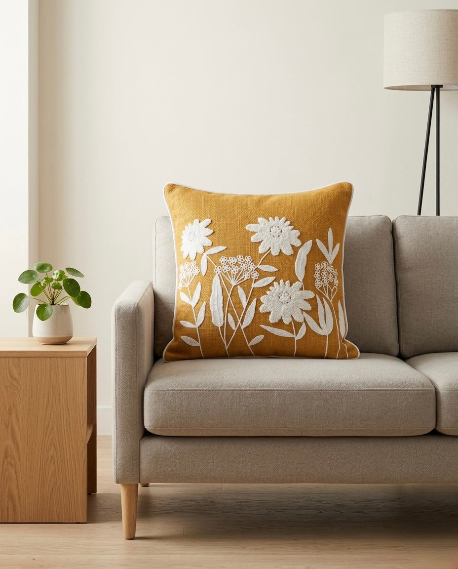 Mustard Meadow Embroidered Cushion Cover